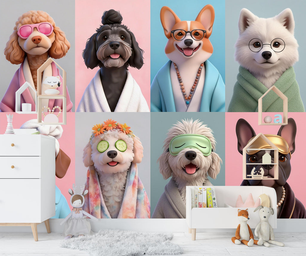 3D Dog Grooming salon Wallpaper Spa dog Peel and Stick Dog room Wallpaper Nursery Self Adhesive Dog Animal nursery decor Mural