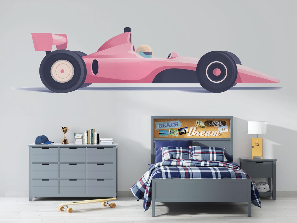 Kids Race Car Wallpaper Cute Pink Racing Car Wall Decal Boys Room Car Mural Nursery Racing Theme Peel And Stick Wallpaper Kids Room Decor