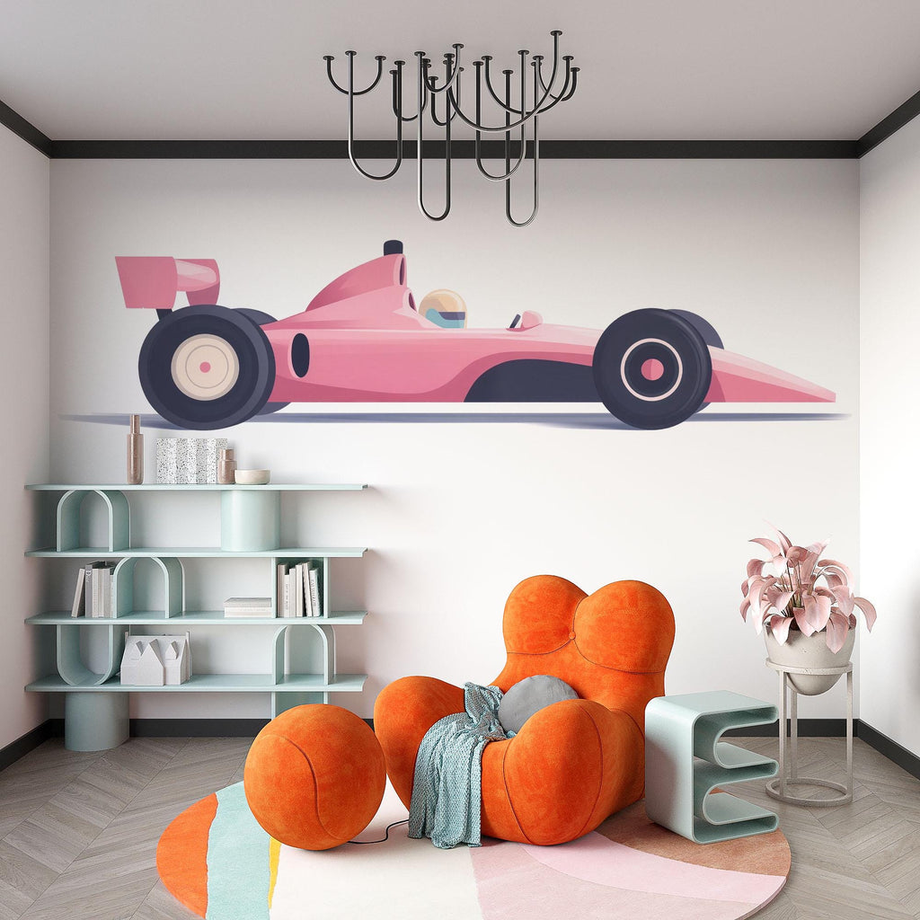 Kids Race Car Wallpaper Cute Pink Racing Car Wall Decal Boys Room Car Mural Nursery Racing Theme Peel And Stick Wallpaper Kids Room Decor