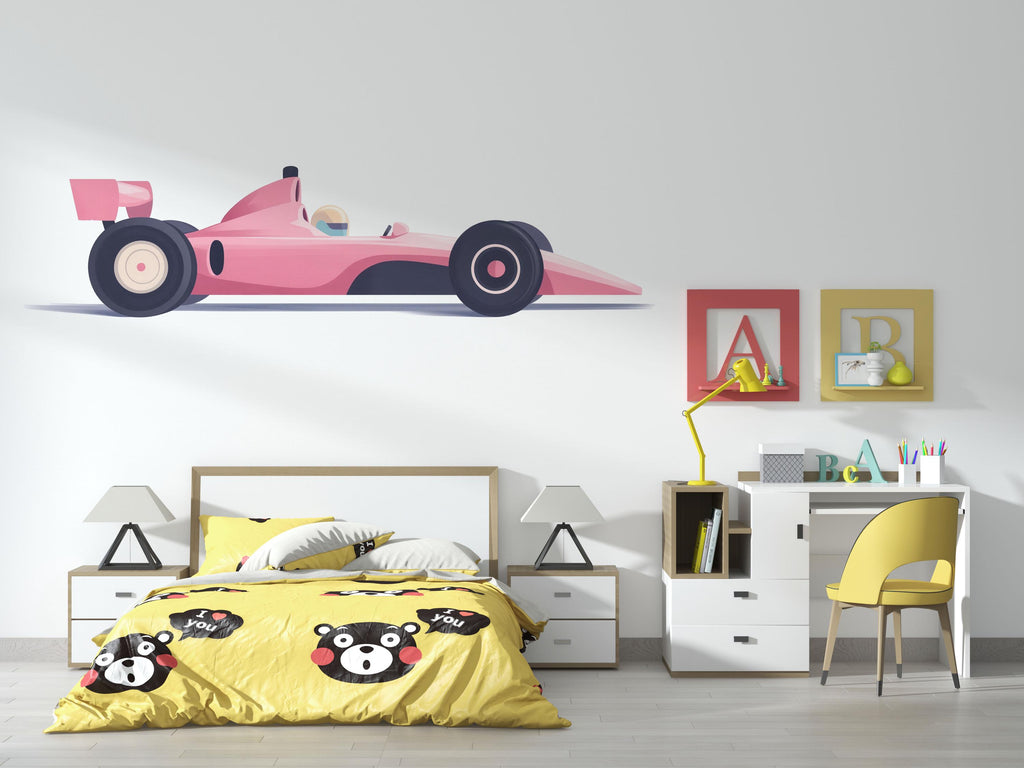 Kids Race Car Wallpaper Cute Pink Racing Car Wall Decal Boys Room Car Mural Nursery Racing Theme Peel And Stick Wallpaper Kids Room Decor