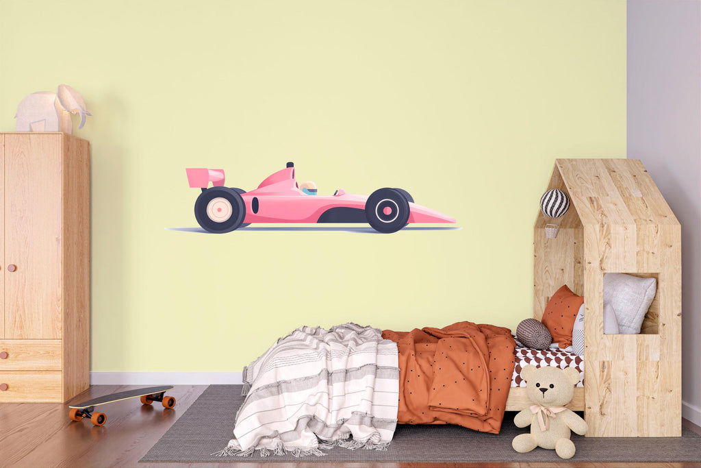 Kids Race Car Wallpaper Cute Pink Racing Car Wall Decal Boys Room Car Mural Nursery Racing Theme Peel And Stick Wallpaper Kids Room Decor
