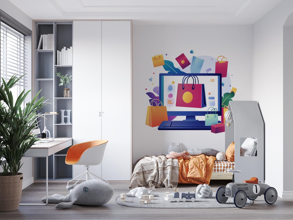 Online Shopping Wall Decal, Ecommerce Wall Sticker, Colorful Shopping Bags Mural, Kids Bedroom Playroom Decor, Retail Theme Wall Art, 151gm