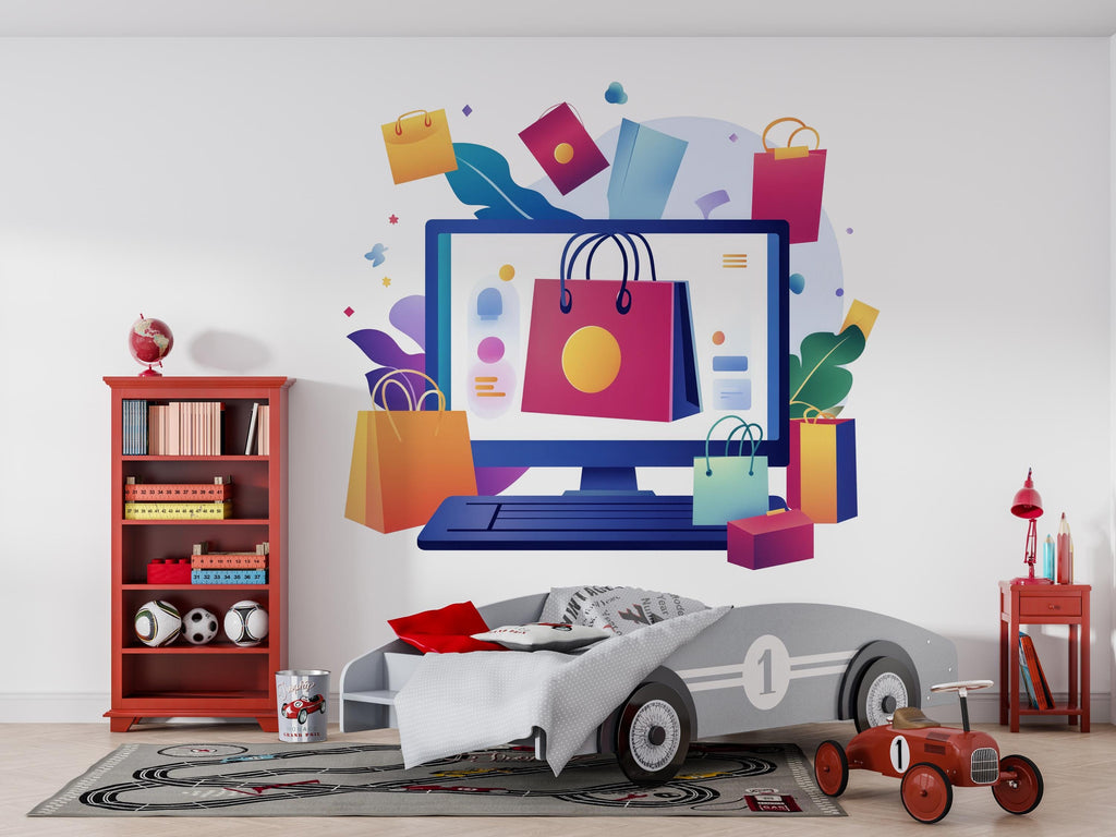 Online Shopping Wall Decal, Ecommerce Wall Sticker, Colorful Shopping Bags Mural, Kids Bedroom Playroom Decor, Retail Theme Wall Art, 151gm
