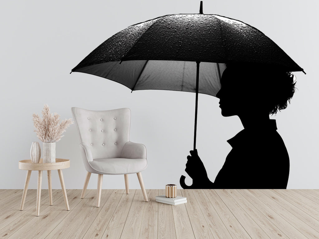 Umbrella Wall Decal, Woman Silhouette Sticker, Rain Wall Art, Black White Wall Decor, Modern Bedroom Sticker, Minimalist Wall Mural, 152gm