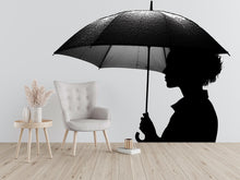 Load image into Gallery viewer, Umbrella Wall Decal, Woman Silhouette Sticker, Rain Wall Art, Black White Wall Decor, Modern Bedroom Sticker, Minimalist Wall Mural, 152gm