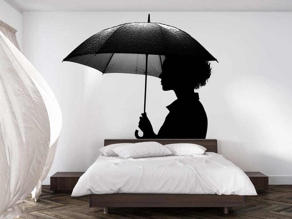 Umbrella Wall Decal, Woman Silhouette Sticker, Rain Wall Art, Black White Wall Decor, Modern Bedroom Sticker, Minimalist Wall Mural, 152gm