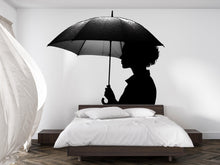 Load image into Gallery viewer, Umbrella Wall Decal, Woman Silhouette Sticker, Rain Wall Art, Black White Wall Decor, Modern Bedroom Sticker, Minimalist Wall Mural, 152gm
