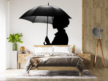 Load image into Gallery viewer, Umbrella Wall Decal, Woman Silhouette Sticker, Rain Wall Art, Black White Wall Decor, Modern Bedroom Sticker, Minimalist Wall Mural, 152gm