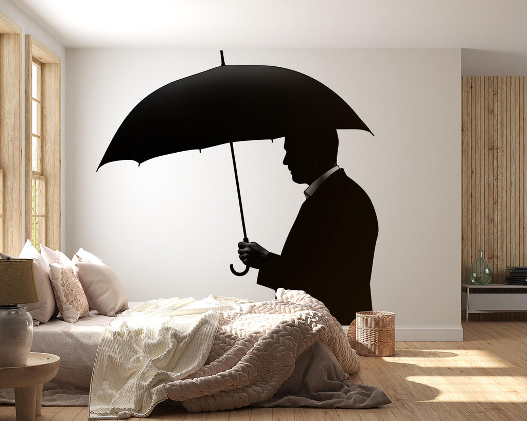Man Umbrella Wall Decal, Silhouette Wall Sticker, Black Umbrella Wall Art, Minimalist Bedroom Decor, Modern Mural, Moody Home Decor, 153gm