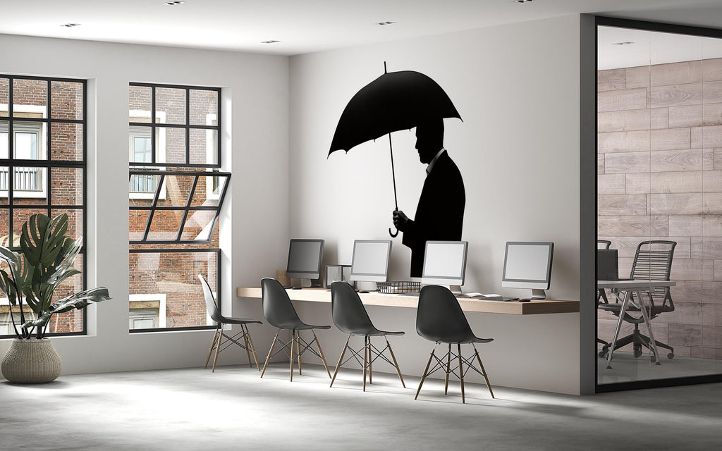 Man Umbrella Wall Decal, Silhouette Wall Sticker, Black Umbrella Wall Art, Minimalist Bedroom Decor, Modern Mural, Moody Home Decor, 153gm