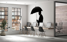 Load image into Gallery viewer, Man Umbrella Wall Decal, Silhouette Wall Sticker, Black Umbrella Wall Art, Minimalist Bedroom Decor, Modern Mural, Moody Home Decor, 153gm