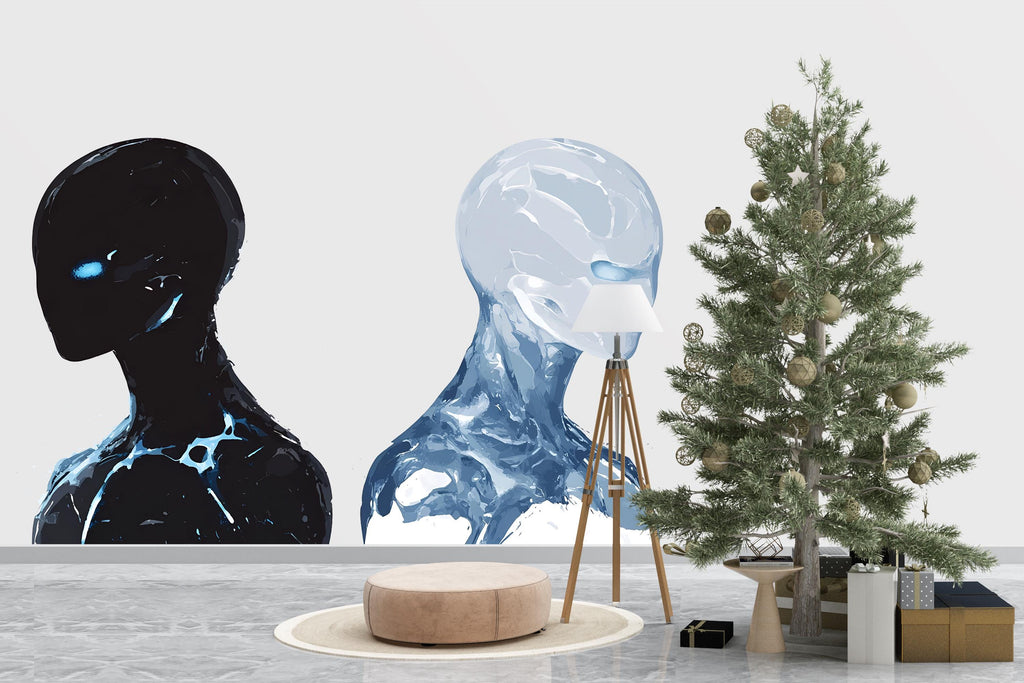 Alien Face Decal Set, Sci Fi Wall Sticker, Futuristic Robot Art, Cyberpunk Wall Decal, Modern Wall Mural, Abstract Space Decor, 155gm