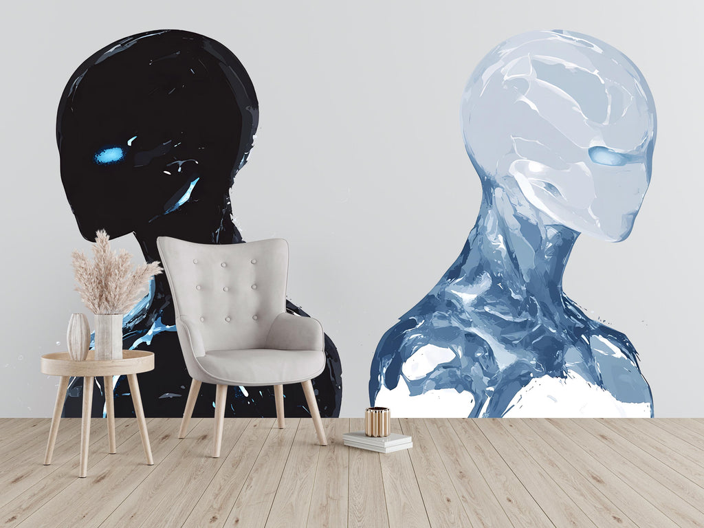 Alien Face Decal Set, Sci Fi Wall Sticker, Futuristic Robot Art, Cyberpunk Wall Decal, Modern Wall Mural, Abstract Space Decor, 155gm
