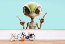 Load image into Gallery viewer, Cute Alien Wall Decal, Kids Room Sticker, Green Alien Wall Art, Space Theme Decor, Playroom Wall Mural, Nursery Wall Decor, 157gm