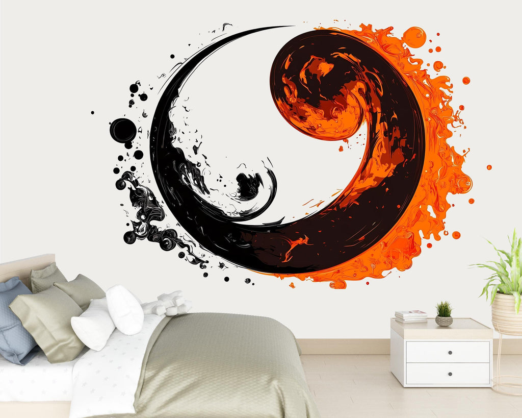 Yin Yang Wall Decal, Fire Water Wall Art, Abstract Zen Sticker, Modern Bedroom Decor, Asian Symbol Mural, Black Orange Wall Decal, 158gm
