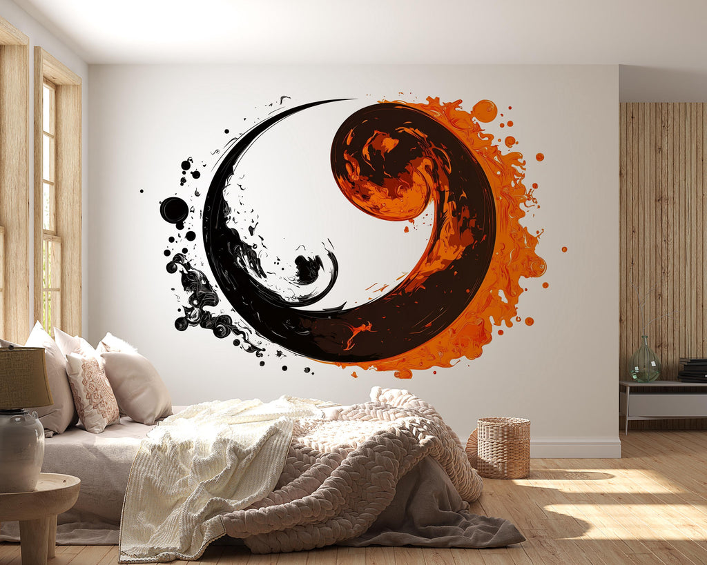 Yin Yang Wall Decal, Fire Water Wall Art, Abstract Zen Sticker, Modern Bedroom Decor, Asian Symbol Mural, Black Orange Wall Decal, 158gm