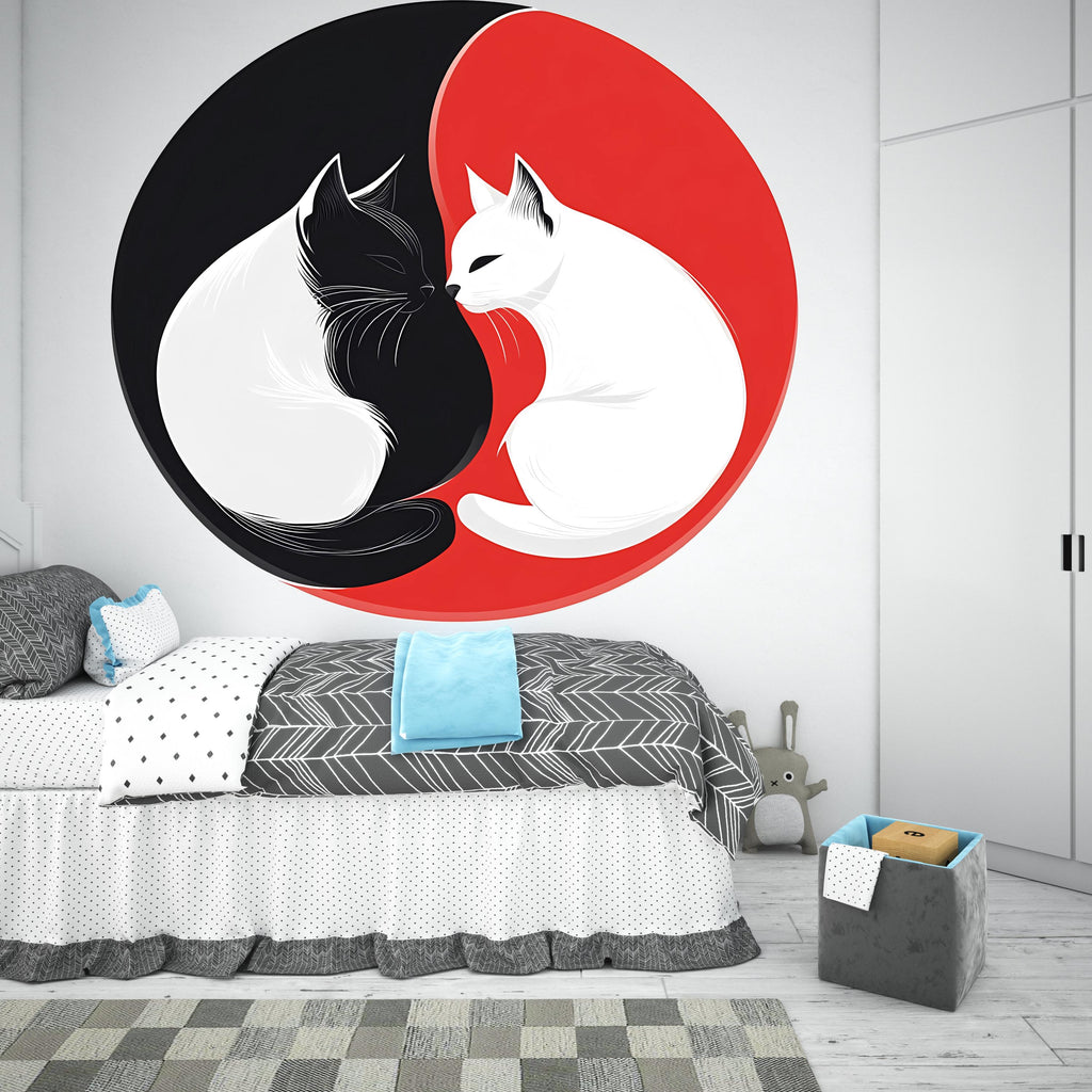 Yin Yang Cat Wall Decal, Black White Cat Sticker, Cat Wall Art, Modern Pet Decor, Zen Animal Mural, Bedroom Wall Decor, 159gm