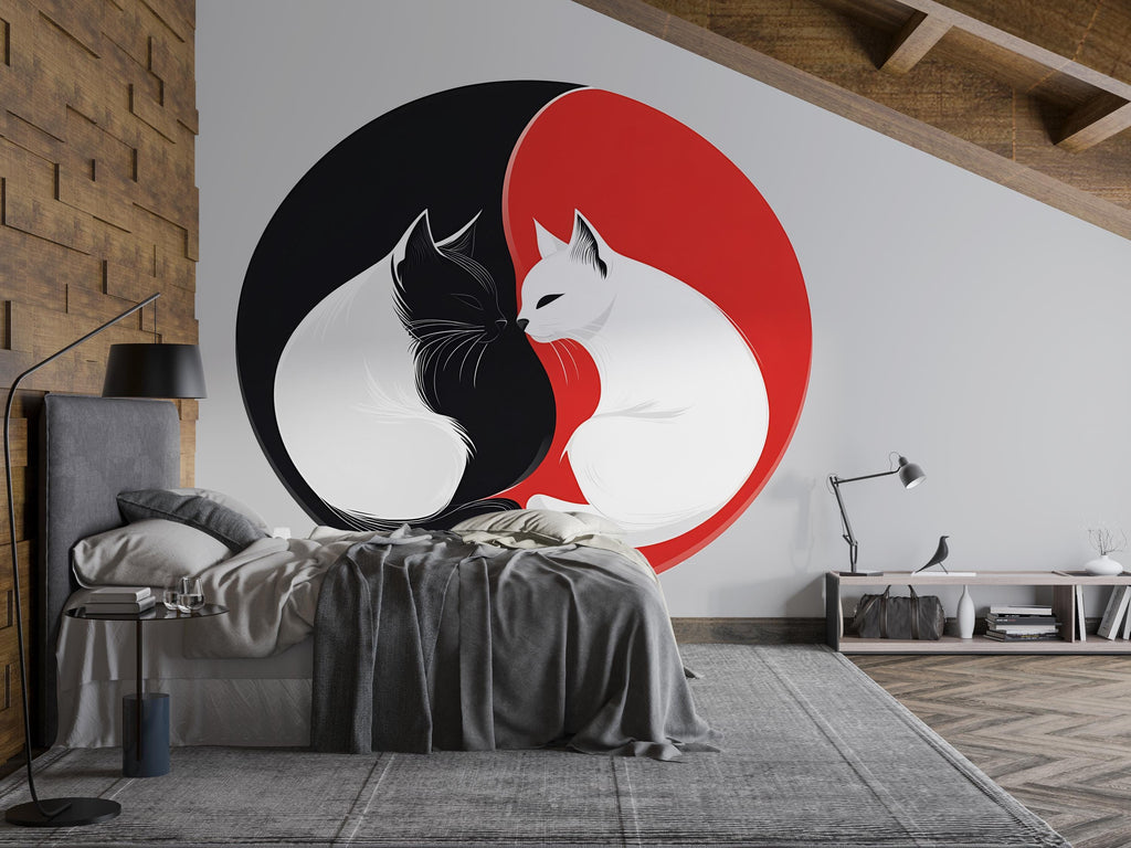 Yin Yang Cat Wall Decal, Black White Cat Sticker, Cat Wall Art, Modern Pet Decor, Zen Animal Mural, Bedroom Wall Decor, 159gm