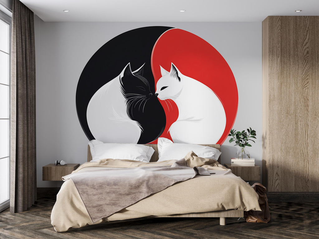 Yin Yang Cat Wall Decal, Black White Cat Sticker, Cat Wall Art, Modern Pet Decor, Zen Animal Mural, Bedroom Wall Decor, 159gm