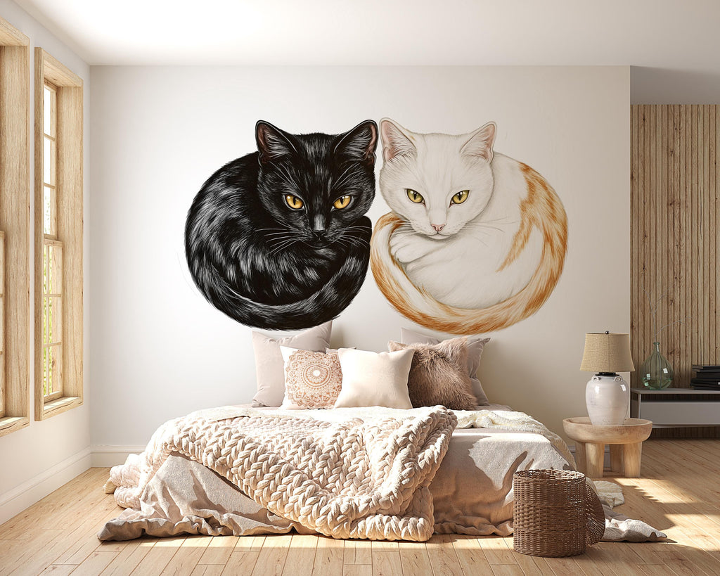 Black White Cat Wall Decal, Cat Pair Wall Sticker, Cat Wall Art, Cozy Bedroom Decor, Modern Pet Mural, Cat Lover Room Decor, 160gm