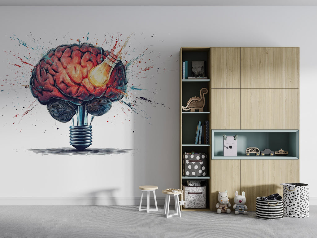 Brain Light Bulb Wall Decal, Science Wall Sticker, Creative Mind Wall Art, Classroom Decor, Study Room Mural, Educational Wall Decor, 162gm