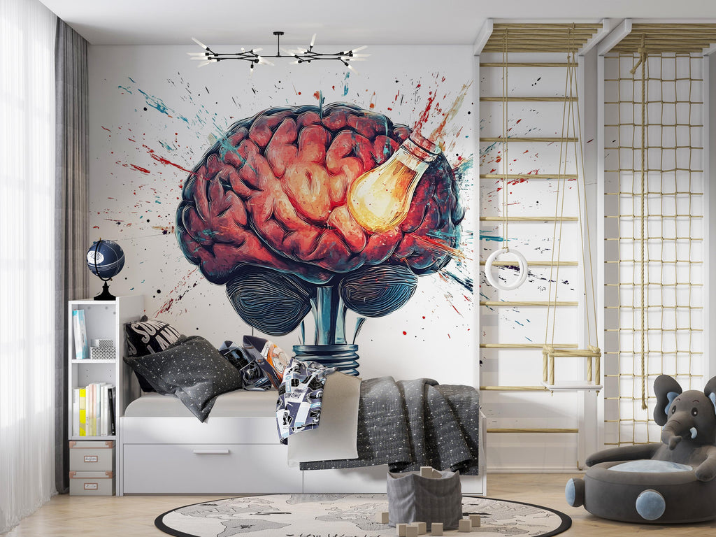 Brain Light Bulb Wall Decal, Science Wall Sticker, Creative Mind Wall Art, Classroom Decor, Study Room Mural, Educational Wall Decor, 162gm