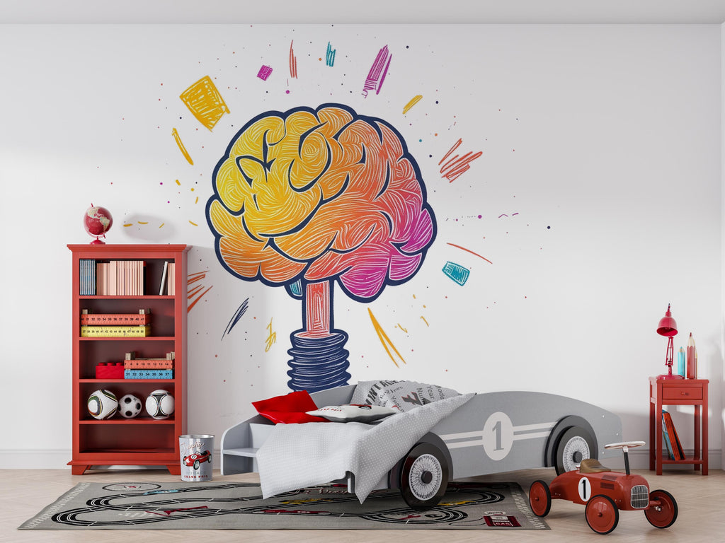 Colorful Brain Light Bulb Wall Decal, Creative Mind Sticker, Kids Room Wall Art, Classroom Decor, Study Room Mural, 164gm