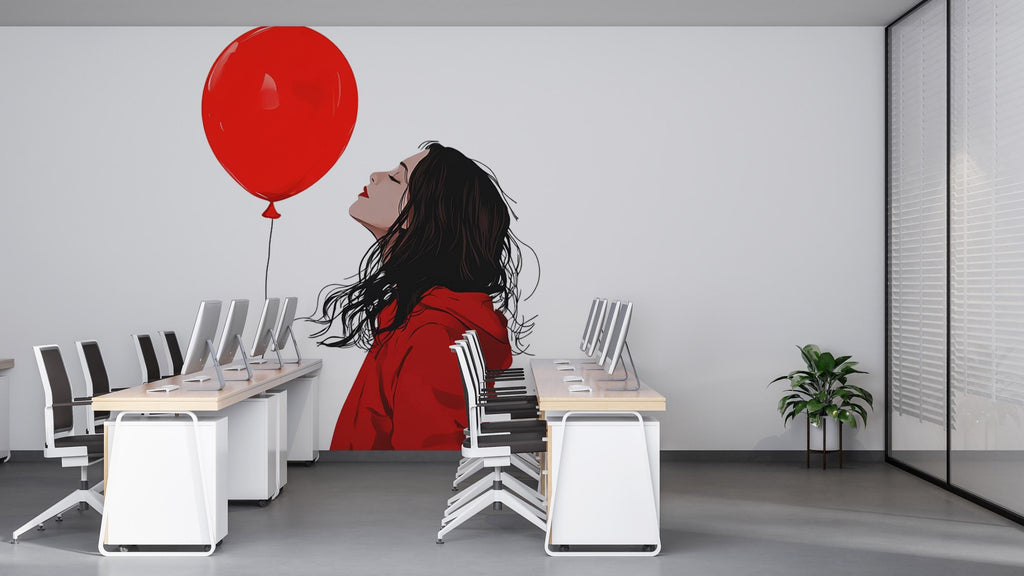 Red Balloon Girl Wall Decal, Modern Woman Sticker, Fashion Wall Art, Minimal Wall Decor, Bedroom Wall Sticker, 165gm
