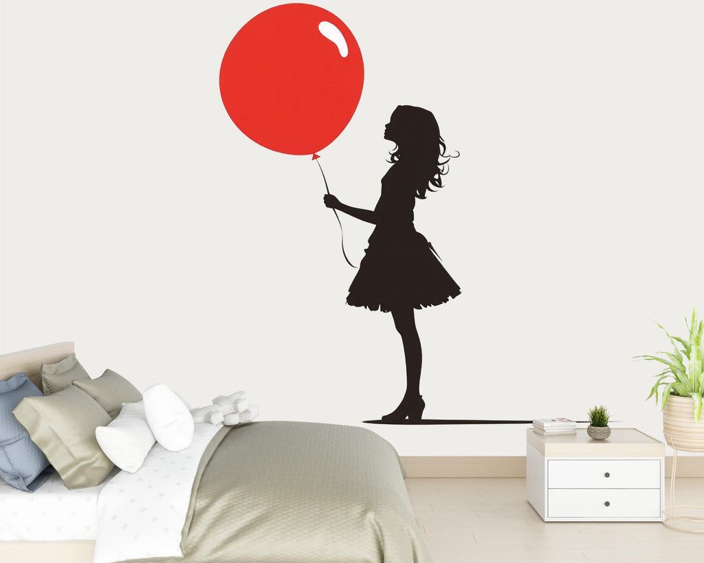 Girl With Red Balloon Wall Decal, Silhouette Wall Sticker, Kids Room Decor, Bedroom Wall Art, Minimal Nursery Decal, 166gm