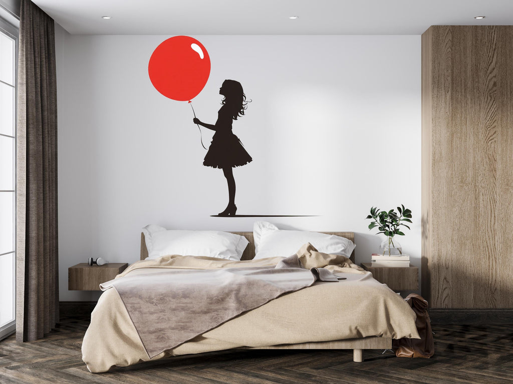Girl With Red Balloon Wall Decal, Silhouette Wall Sticker, Kids Room Decor, Bedroom Wall Art, Minimal Nursery Decal, 166gm