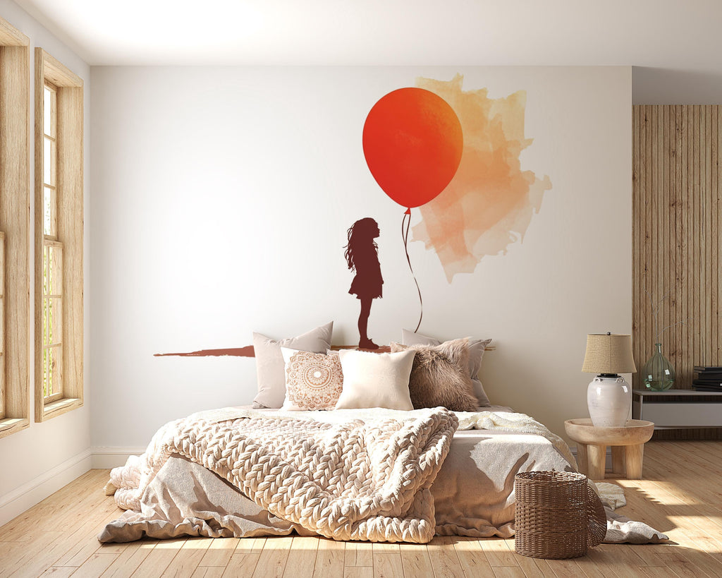 Girl With Red Balloon Wall Decal, Watercolor Wall Sticker, Bedroom Wall Art, Nursery Decor, Minimalist Girl Silhouette, 167gm