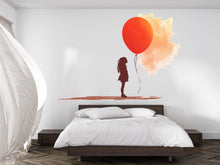 Load image into Gallery viewer, Girl With Red Balloon Wall Decal, Watercolor Wall Sticker, Bedroom Wall Art, Nursery Decor, Minimalist Girl Silhouette, 167gm