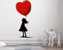 Load image into Gallery viewer, Girl With Heart Balloon Wall Decal, Red Heart Sticker, Kids Room Wall Art, Nursery Decor, Silhouette Wall Decal, 168gm