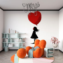 Load image into Gallery viewer, Girl With Heart Balloon Wall Decal, Red Heart Sticker, Kids Room Wall Art, Nursery Decor, Silhouette Wall Decal, 168gm
