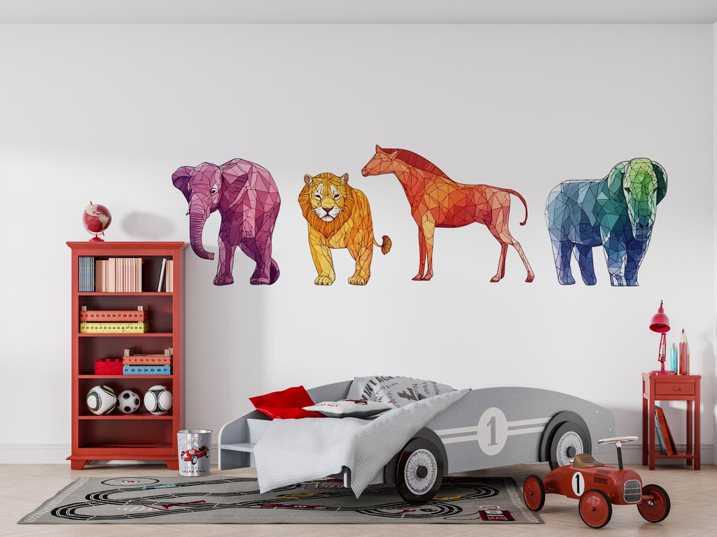 Geometric Safari Wall Decals, Elephant Lion Horse Stickers, Kids Room Animal Wall Art, Nursery Decor, Polygon Wall Decal, 169gm