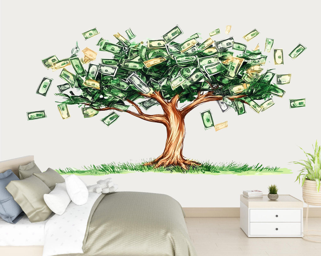 Money Tree Wall Decal, Dollar Bill Tree Sticker, Wealth Wall Art, Office Wall Decor, Finance Mural, Success Room Decor, 174gm