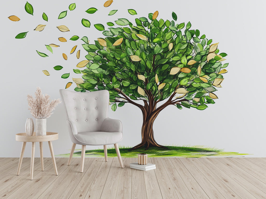 Green Tree Wall Decal, Nature Wall Sticker, Watercolor Tree Mural, Living Room Wall Art, Botanical Decor, Leaf Wall Decal, 176gm