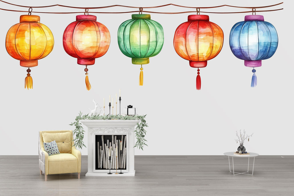 Watercolor Lantern Wall Decal, Chinese Lantern Sticker, Colorful Hanging Lanterns, Asian Decor, Festival Wall Art, 177gm