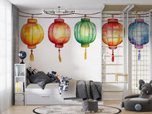 Load image into Gallery viewer, Watercolor Lantern Wall Decal, Chinese Lantern Sticker, Colorful Hanging Lanterns, Asian Decor, Festival Wall Art, 177gm