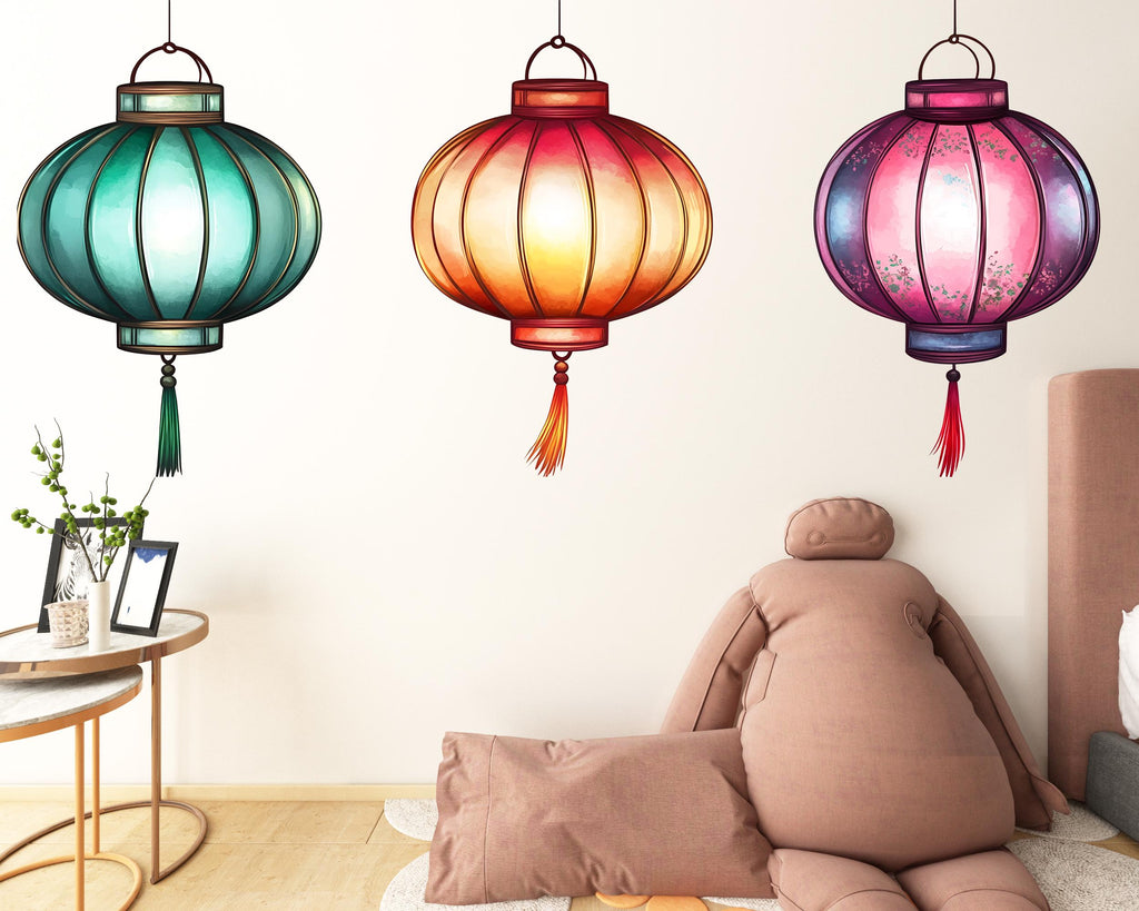 Colorful Lantern Wall Decal, Watercolor Hanging Lanterns, Asian Wall Sticker, Bedroom Wall Art, Festival Decor, Boho Mural, 178gm