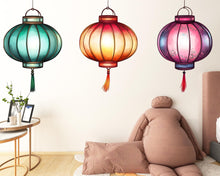 Load image into Gallery viewer, Colorful Lantern Wall Decal, Watercolor Hanging Lanterns, Asian Wall Sticker, Bedroom Wall Art, Festival Decor, Boho Mural, 178gm
