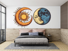 Load image into Gallery viewer, Sun Moon Wall Decal, Celestial Wall Sticker, Boho Bedroom Wall Art, Mystic Sun Moon Decor, Astrology Wall Mural, 179gm
