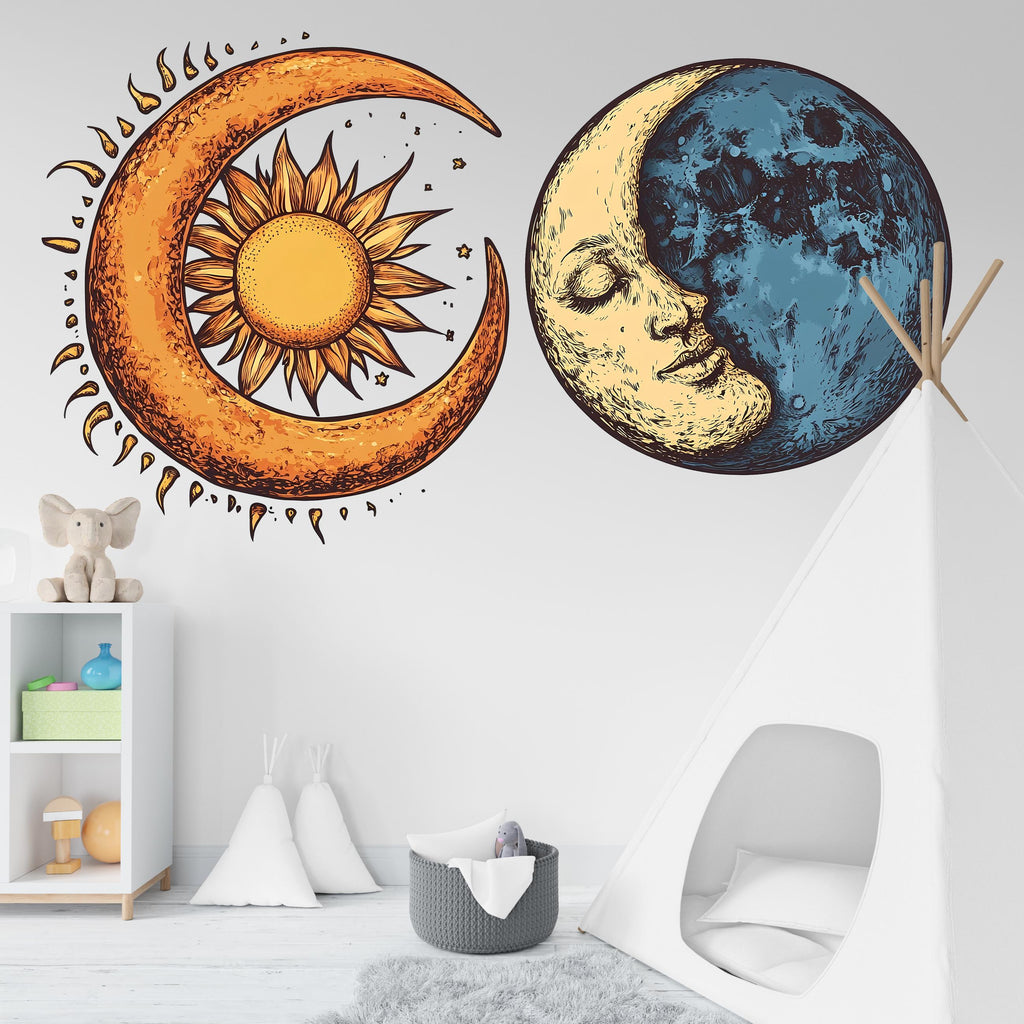 Sun Moon Wall Decal, Celestial Wall Sticker, Boho Bedroom Wall Art, Mystic Sun Moon Decor, Astrology Wall Mural, 179gm