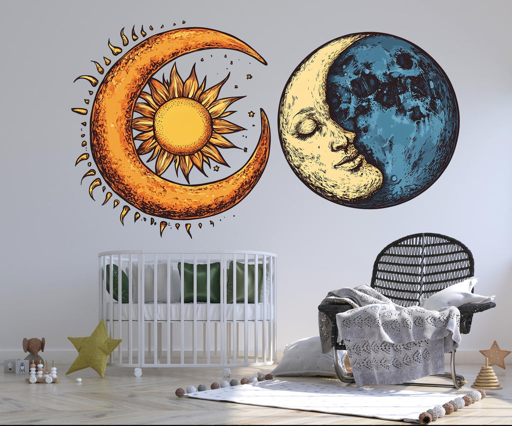 Sun Moon Wall Decal, Celestial Wall Sticker, Boho Bedroom Wall Art, Mystic Sun Moon Decor, Astrology Wall Mural, 179gm