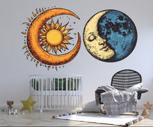Load image into Gallery viewer, Sun Moon Wall Decal, Celestial Wall Sticker, Boho Bedroom Wall Art, Mystic Sun Moon Decor, Astrology Wall Mural, 179gm