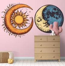 Load image into Gallery viewer, Sun Moon Wall Decal, Celestial Wall Sticker, Boho Bedroom Wall Art, Mystic Sun Moon Decor, Astrology Wall Mural, 179gm