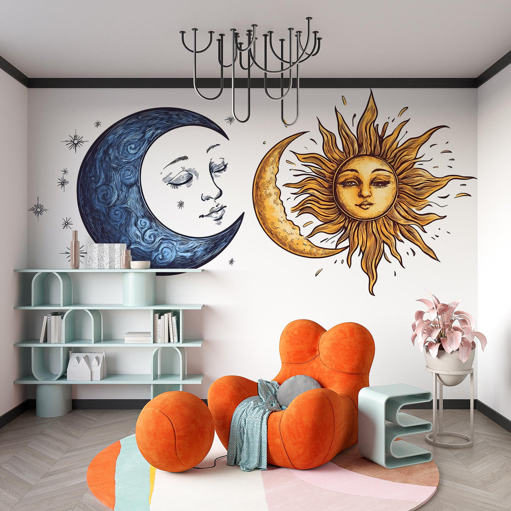 Sun Moon Wall Decal Set, Celestial Wall Sticker, Boho Wall Art, Astrology Decor, Mystic Sun Moon Mural, Bedroom Decor, 180gm