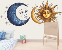 Load image into Gallery viewer, Sun Moon Wall Decal Set, Celestial Wall Sticker, Boho Wall Art, Astrology Decor, Mystic Sun Moon Mural, Bedroom Decor, 180gm