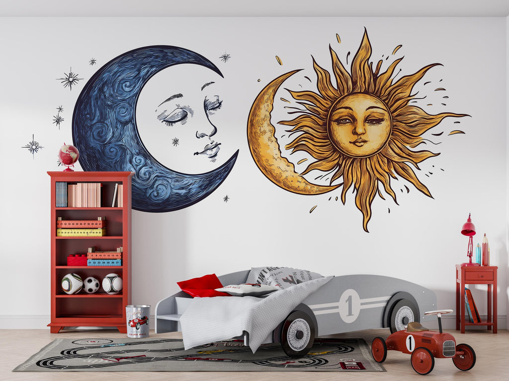 Sun Moon Wall Decal Set, Celestial Wall Sticker, Boho Wall Art, Astrology Decor, Mystic Sun Moon Mural, Bedroom Decor, 180gm