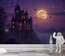 Load image into Gallery viewer, Enchanted Moonlit Castle Panoramic Wallpaper, Mystical Fantasy Castle Wall Mural, Twilight Castle decor, Magical, Wisteria Fantasy Decor